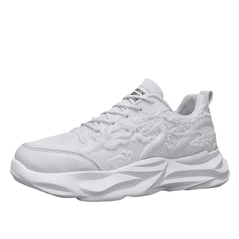 Casual fly knit sneakers with Chinese dragon design, microfibre upper, and rubber sole