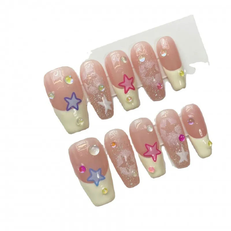 Set of pure handmade press-on nails in Sweet Star Ladder design with ultra-thin seamless finish and included application tools