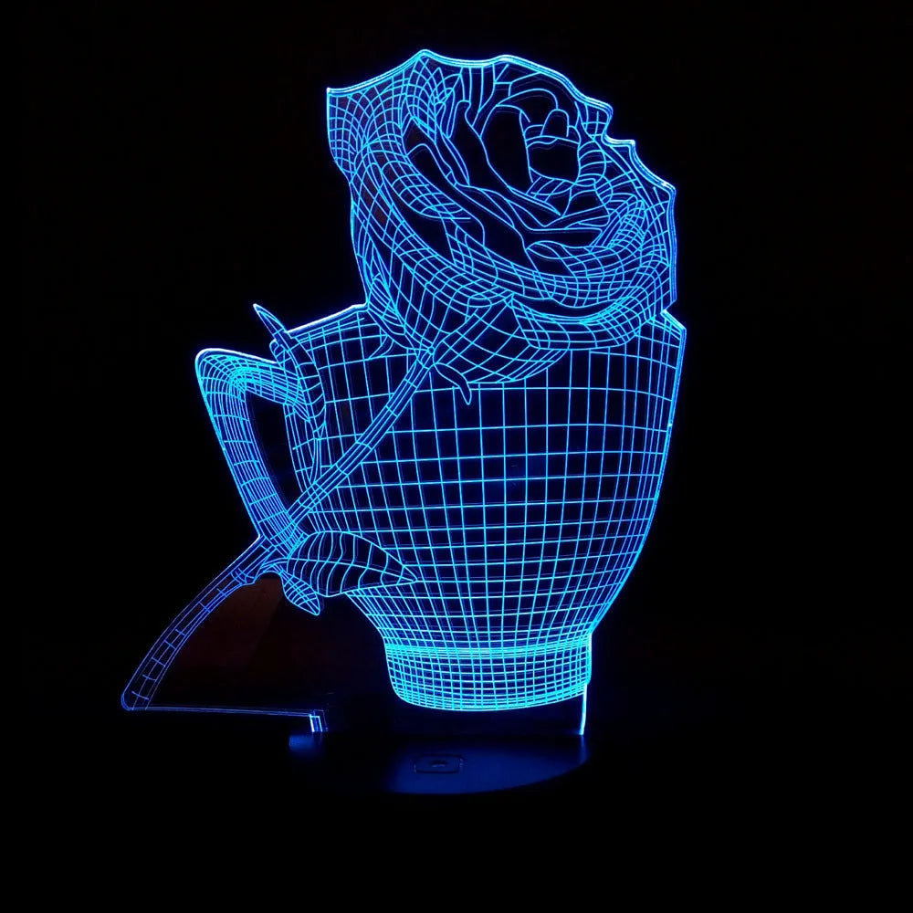 3D rose flower design LED night light on a black ABS base with USB cable and remote control.