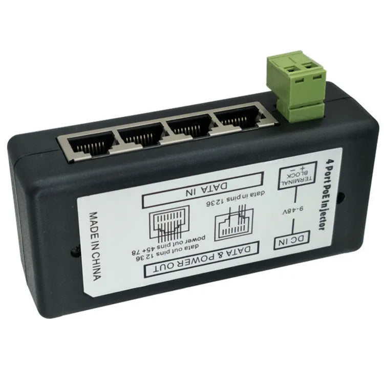 Black four-port centralized DC power supply box with RJ-45 interfaces for TV, PoE, or syringe-pump equipment
