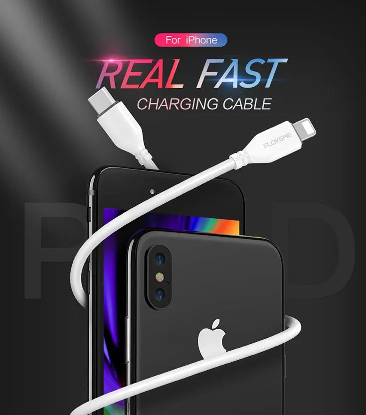 White USB-C to Lightning charging cable with braided exterior measuring 1.2 metres