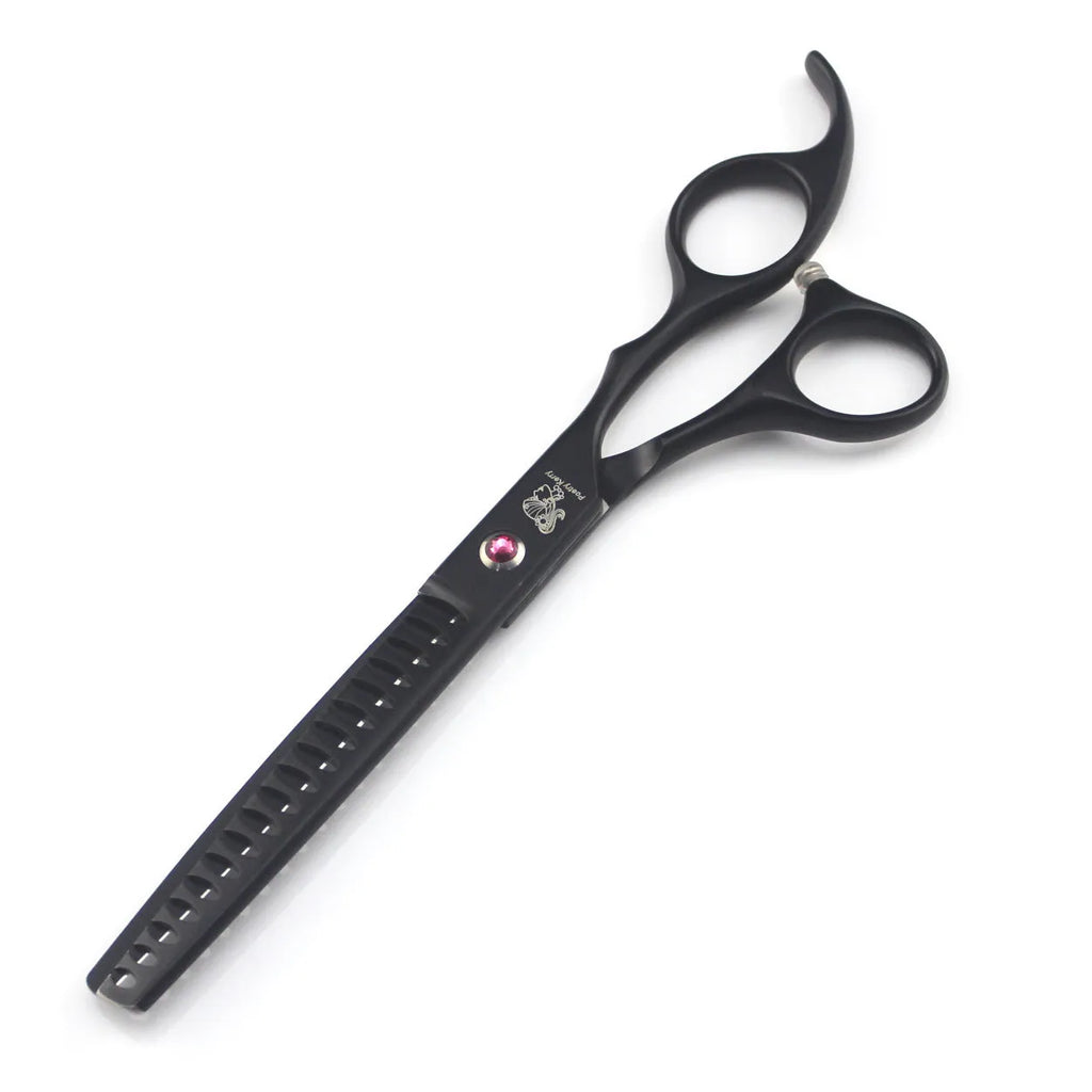 Pet grooming scissors set with straight, curved, and texturing blades in black stainless steel