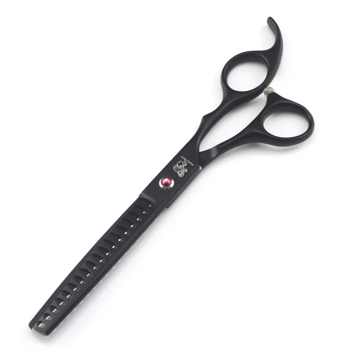 Pet grooming scissors set with straight, curved, and texturing blades in black stainless steel