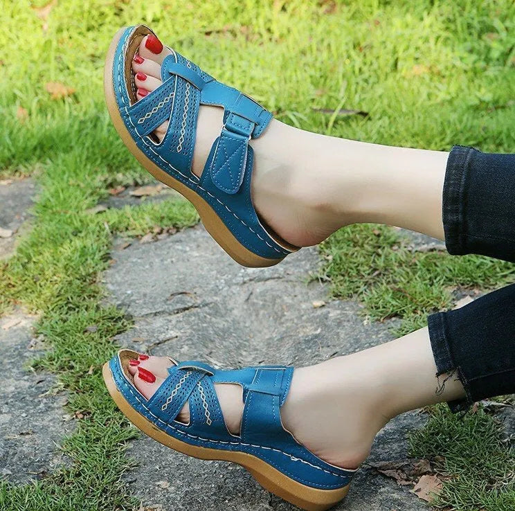 Women's wedge sandals with peep toe design and Velcro strap fastening