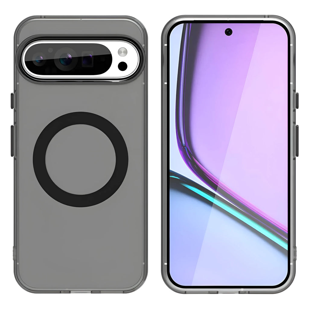 Frosted protective phone case for Google Pixel 9 series with magnetic charging feature and coloured edges.