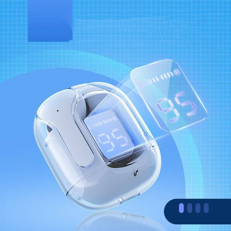 Green LED digital display wireless Bluetooth earbuds with USB-C charging cable and silicone case