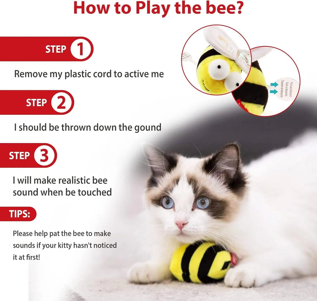 Yellow bee-shaped electronic cat toy with motion-activated chirping for indoor feline entertainment