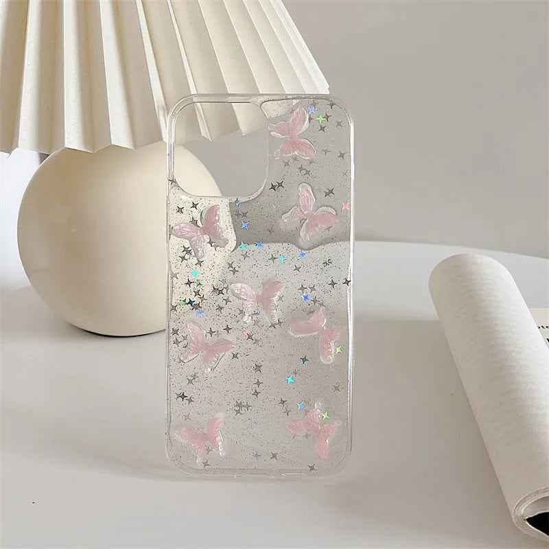 Bow iPhone 13 Pro Max TPU phone case with three-dimensional dream pink butterfly design transparent back cover