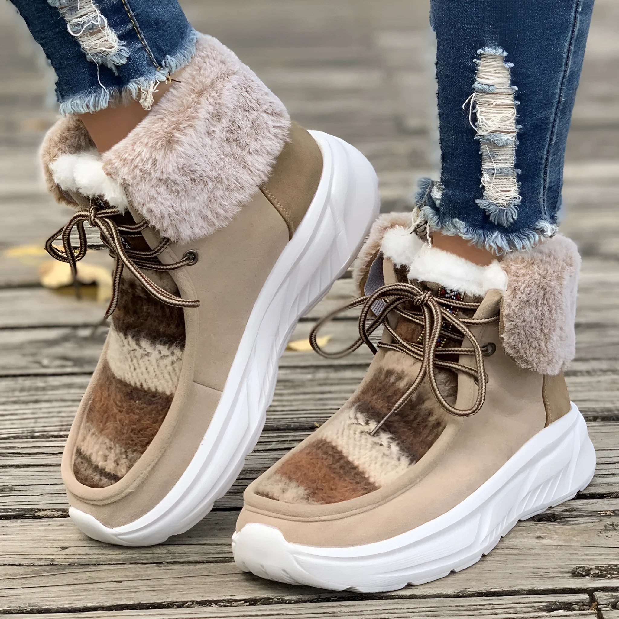 Beige women's lace-up mid-top snow boots with a fuzzy lining and thick platform sole.