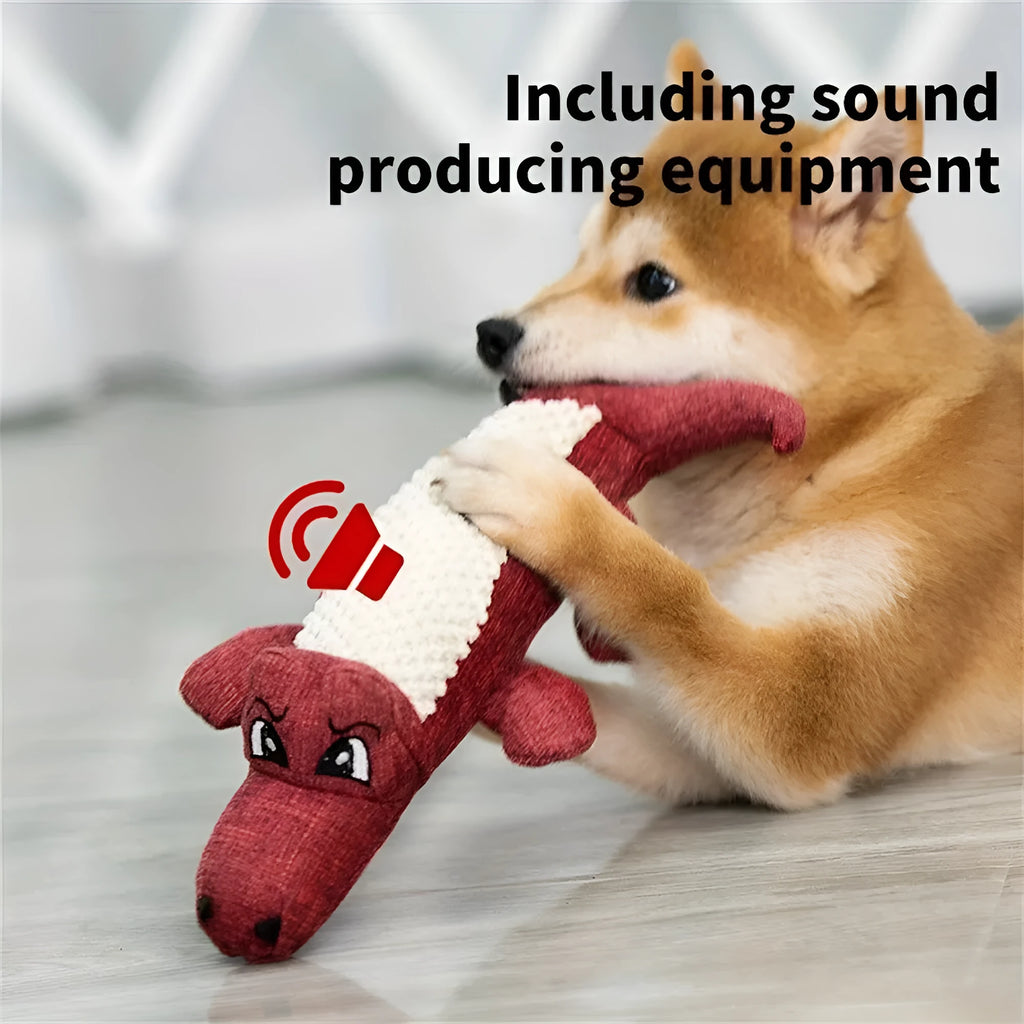 Plush squeaky dog chew toy, 29cm long, linen and PP cotton, blue red green