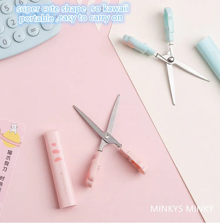 Cat claw folding pen-type scissors, 1.3cm x 8.7cm ABS+ body, shown in Black, Blue, Pink and White