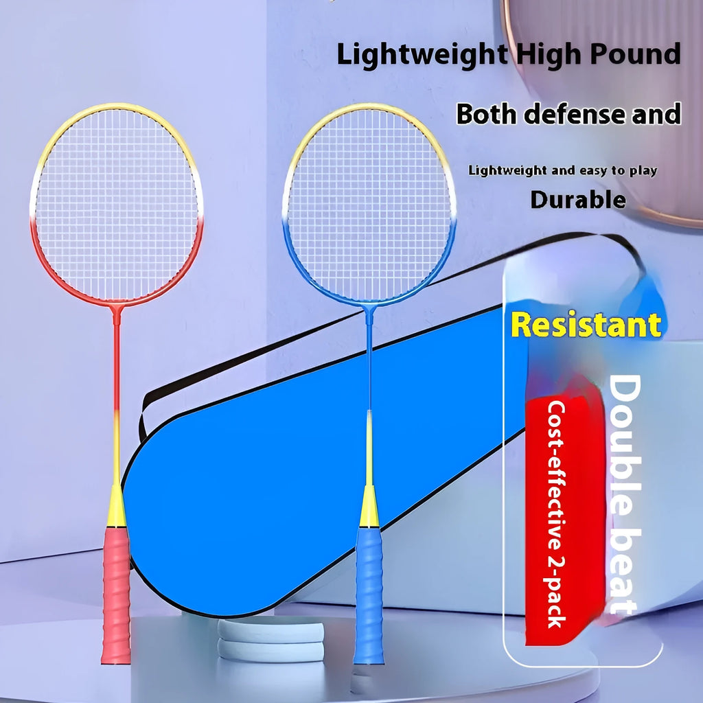 A pair of ultra-light alloy badminton rackets, one blue and one red, laid side by side.