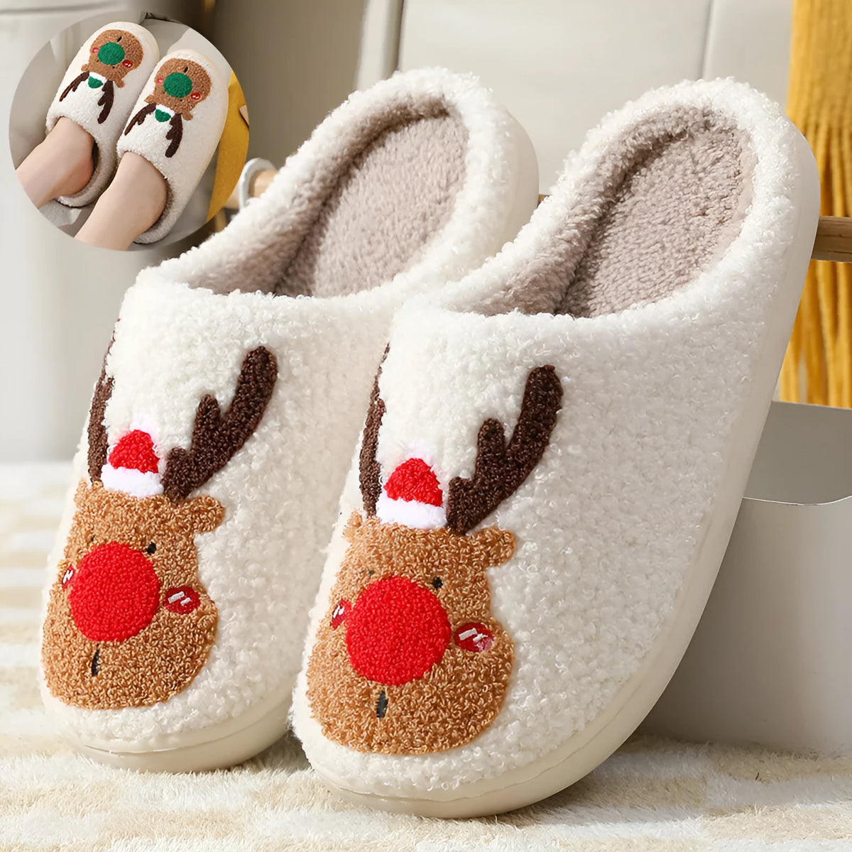 Christmas elk plush house slippers in red and green with anti-slip sole and artificial wool lining