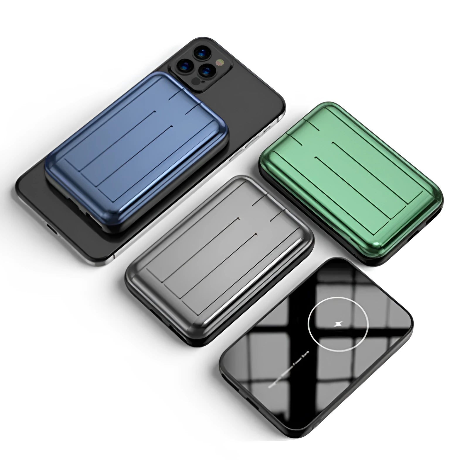 Blue magnetic wireless charging power bank showing dimensions and multiple USB ports