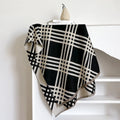 Qianjin mid-length brown imitation cashmere scarf with tassels laid flat showing 185cm length.