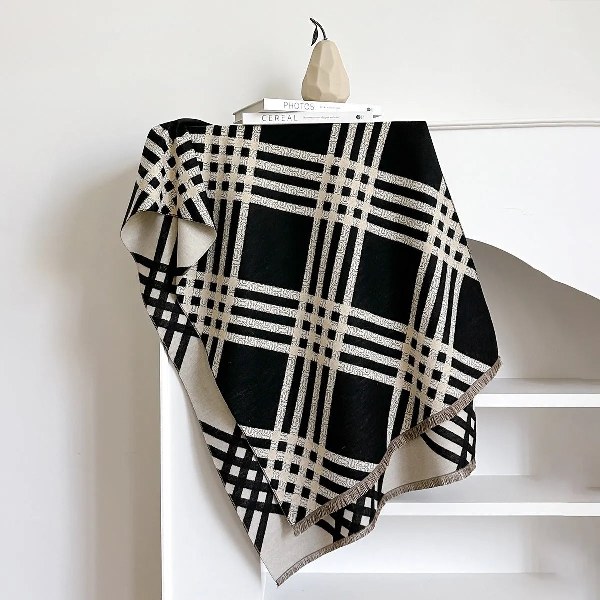 Qianjin mid-length brown imitation cashmere scarf with tassels laid flat showing 185cm length.