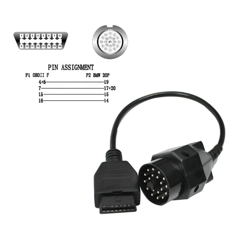 OBD2 adapter cable with a BMW 20-pin connector on one end and a standard 16-pin OBD2 connector on the other.