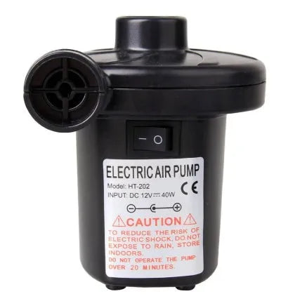 Black 50W electric air pump 8x6x8 cm with 230V plug, 12V car cable, and three nozzle attachments