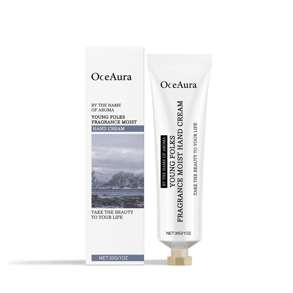 30g tube of moisturising fragrance hand cream showing hyaluronic acid and glycerin on label.