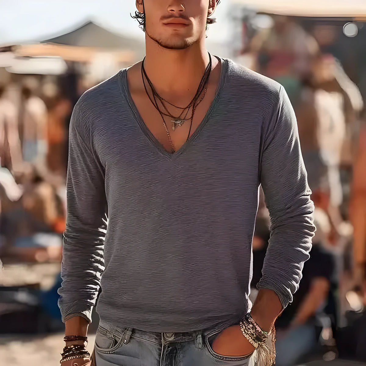 Men's grey long sleeve T-shirt with digital print pattern, autumn winter sports top, sizes S to 6XL
