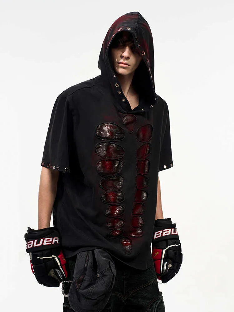 Black men's hooded T-shirt with sequin detailing and loose-fitting design