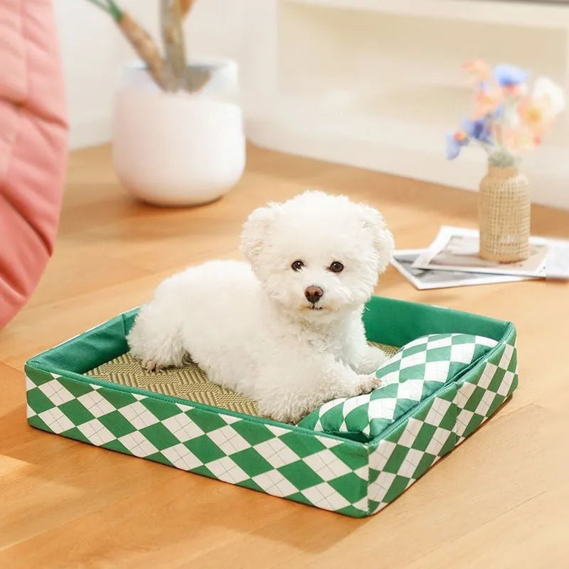 Blue rattan cat bed mat showing woven texture and rectangular shape