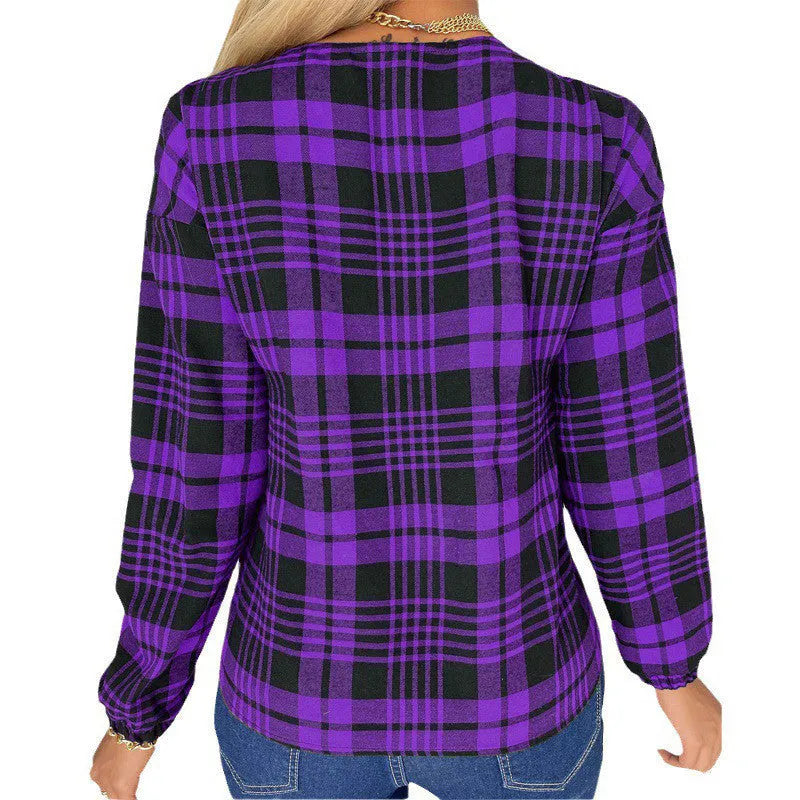 Women's loose fit plaid casual shirt in purple, grey, or red polyester fabric