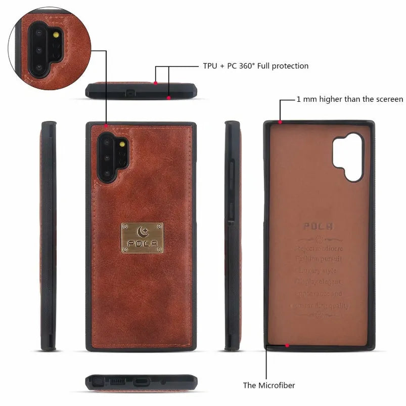 Black PU leather phone wallet case with a zipper, shown next to a credit card.