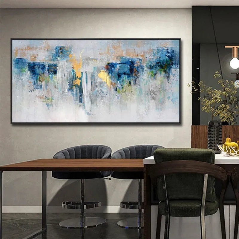 Handmade blue and gold abstract landscape oil painting on rolled unstretched canvas, one horizontal panel, unframed