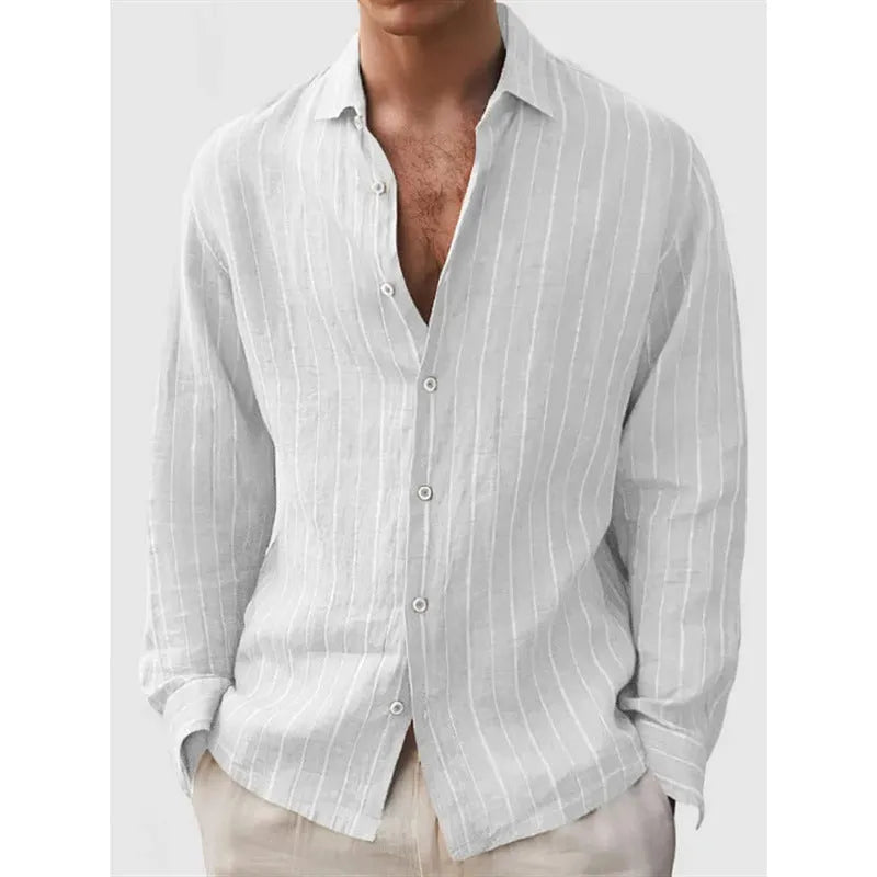Men's striped polyester cardigan style shirt shown in multiple colour options