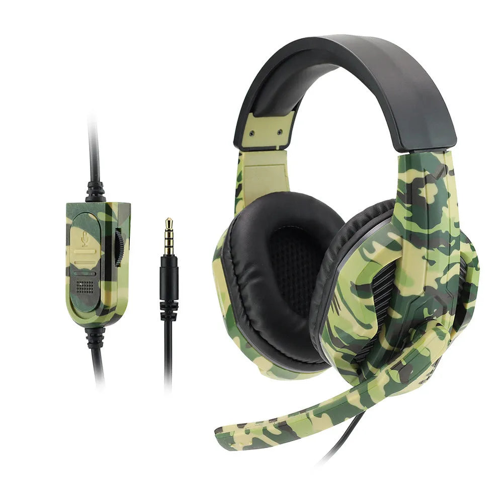Army green camouflage wired gaming headset with over-ear cups and a bendable microphone.
