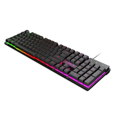 Black USB wired luminous gaming keyboard with frosted keycaps on a desk.