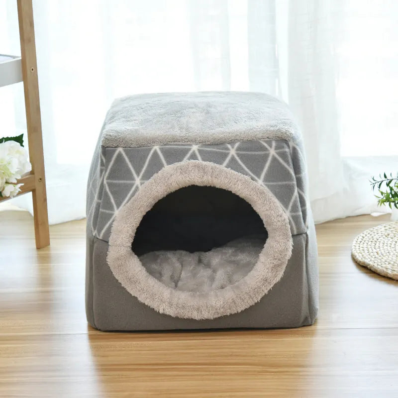 Closed cat room space box pet nest in grey velvet with enclosed design and high density sponge filling