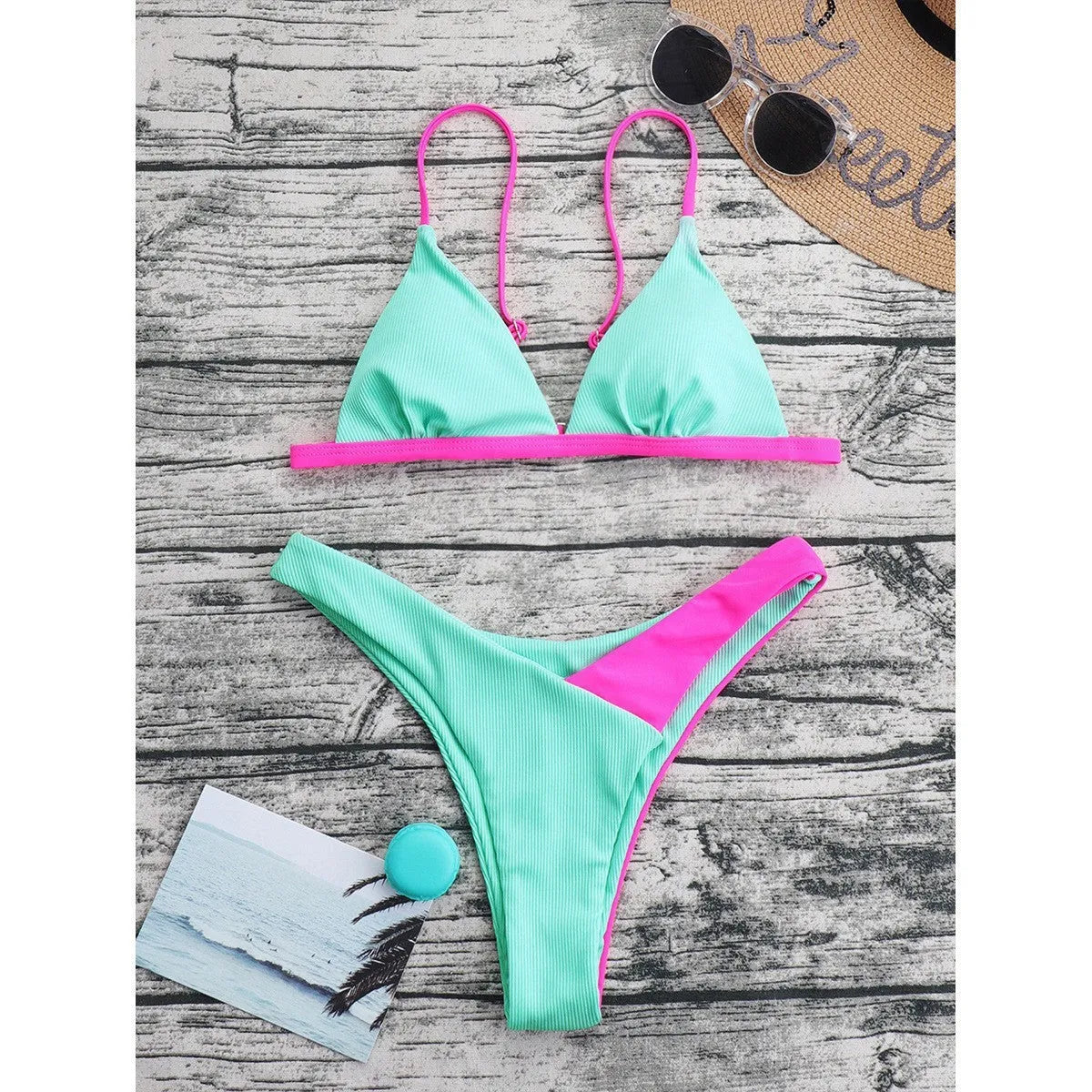 Women's European and American style nylon swimsuit bikini set in briefs cut with bra and separate panties