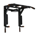 Black wall-mounted fitness equipment with a sandbag rack and integrated parallel pull-up bars.