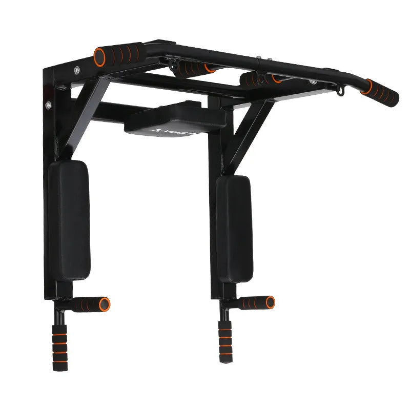 Black wall-mounted fitness equipment with a sandbag rack and integrated parallel pull-up bars.
