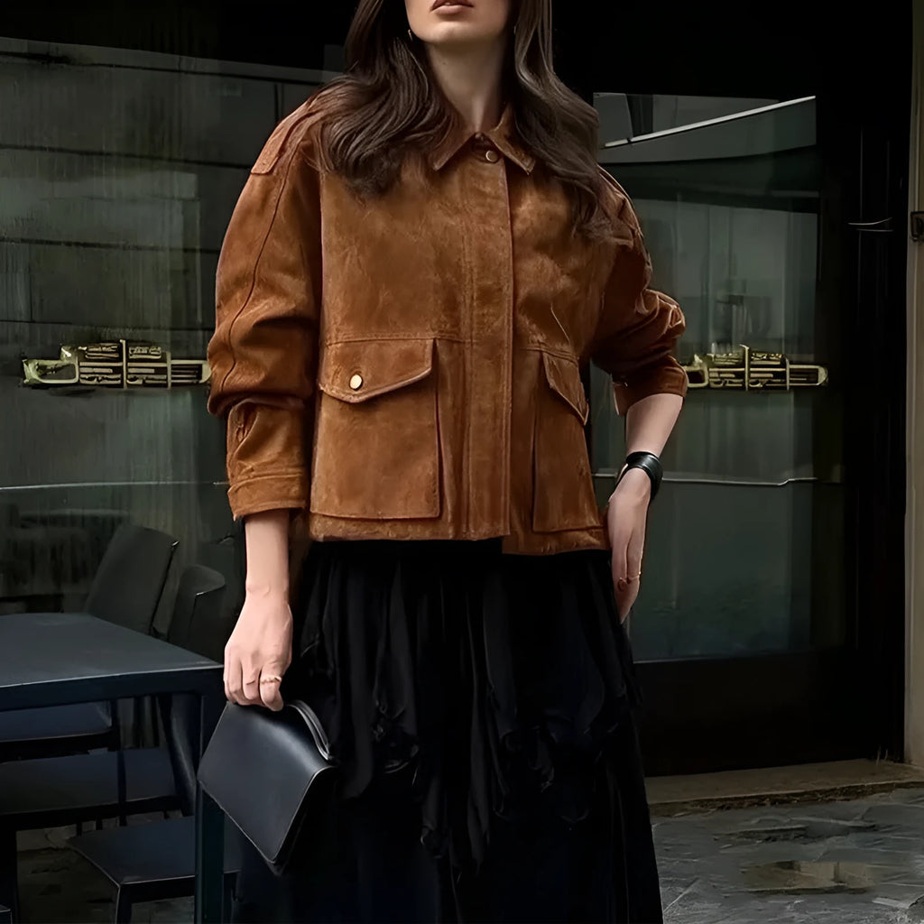 Women's brown suede-style street chic coat with regular sleeves on a hanger