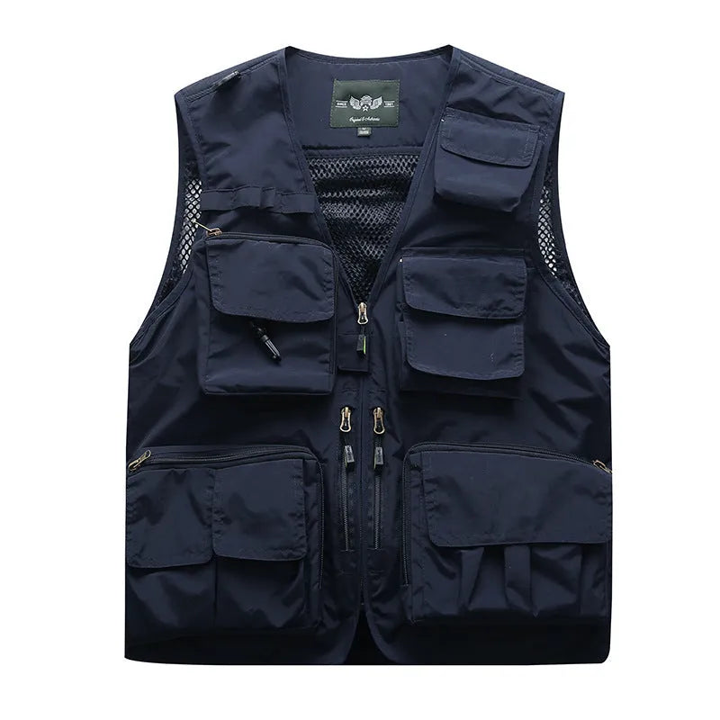 Cotton multi-pocket fishing vest with ribbed hem, available in army green, khaki, dark blue, black, red, orange