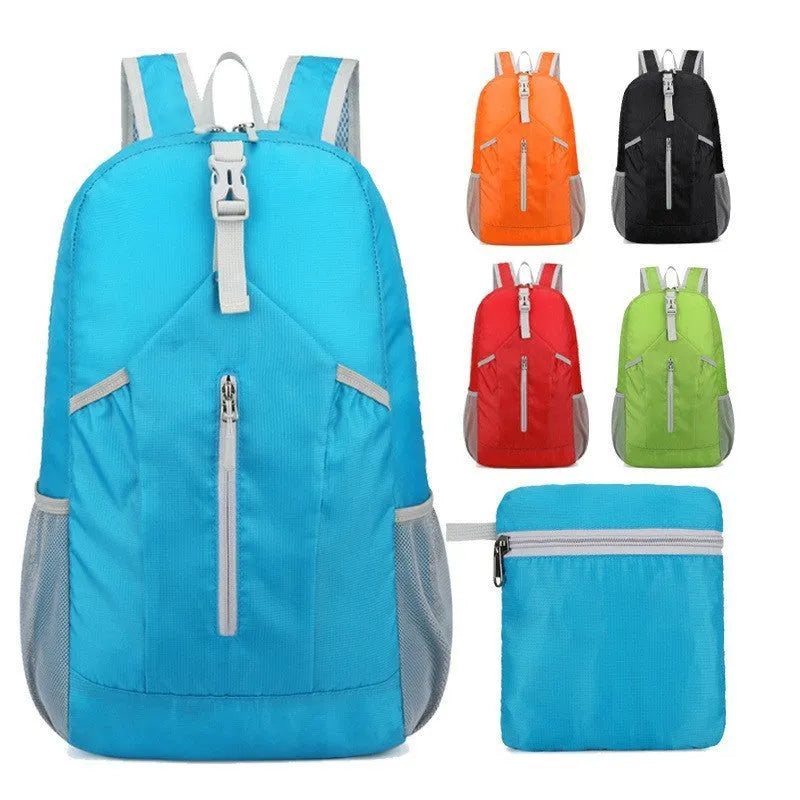 Waterproof Oxford cloth hiking backpack in blue with curved shoulder strap
