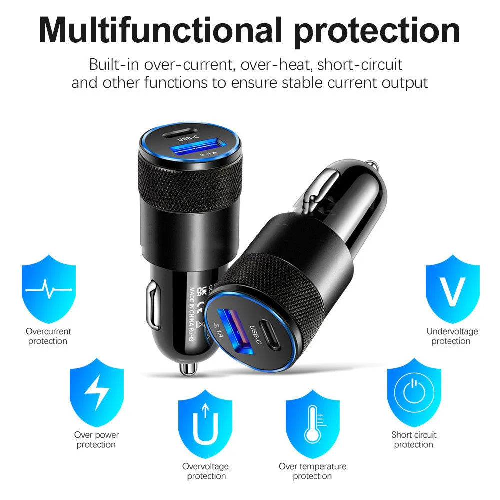 Aluminium alloy mobile phone car charger showing compact 2.5 by 6cm dimensions