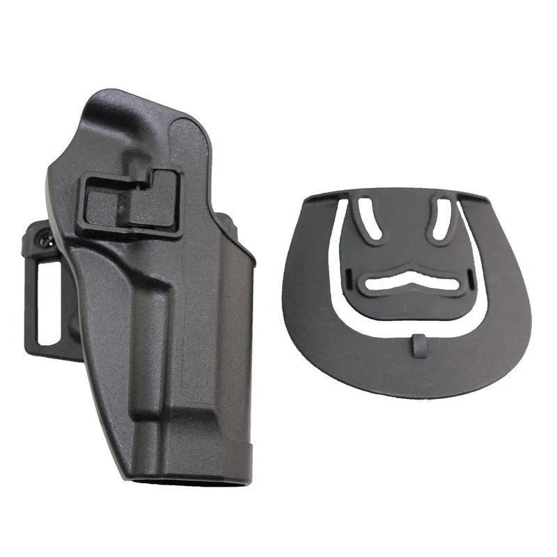 Black plastic tactical holster for right-hand belt carry with secure attachment