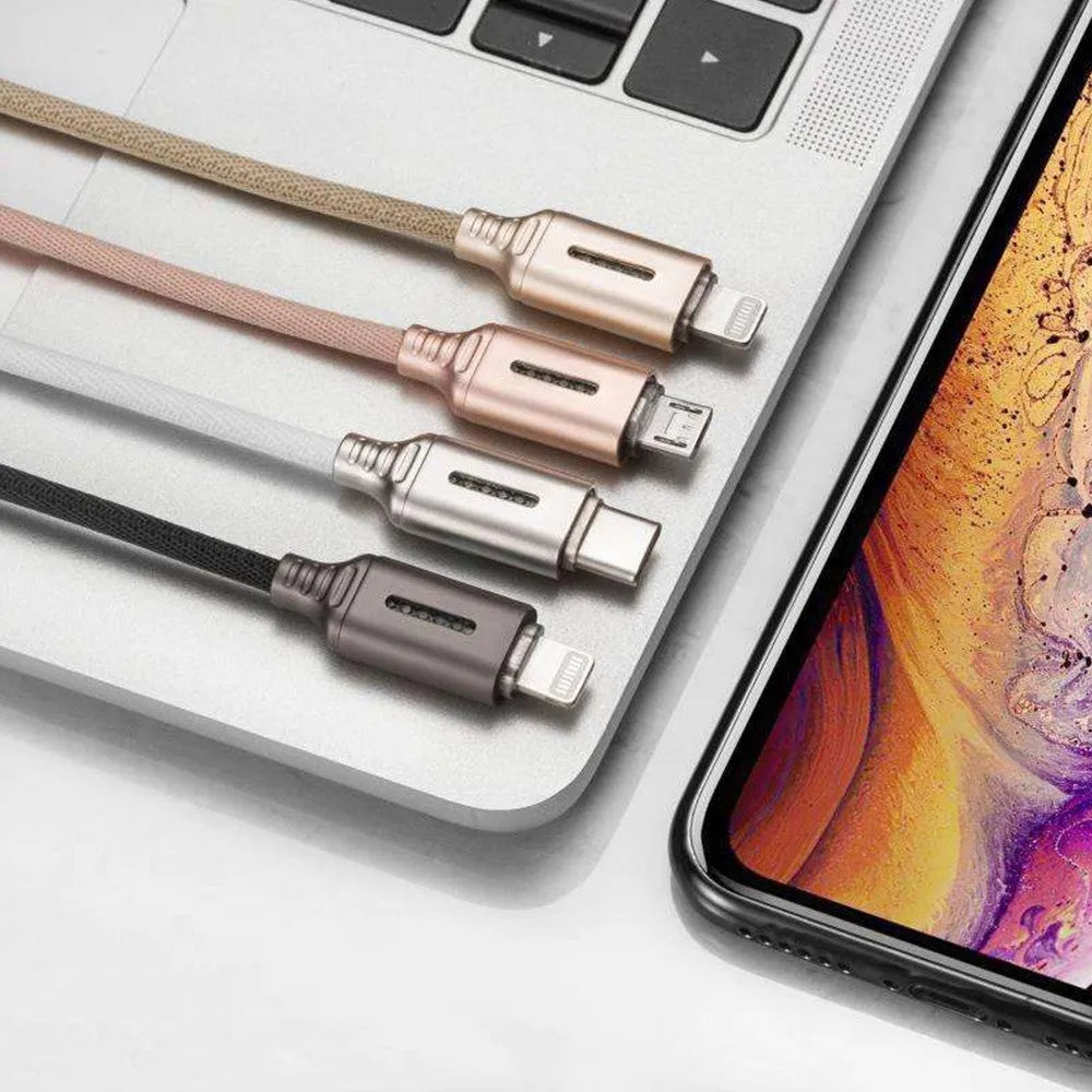 Fabric woven USB charging cable in black, 1 metre long, with Type-C and USB-A connectors.