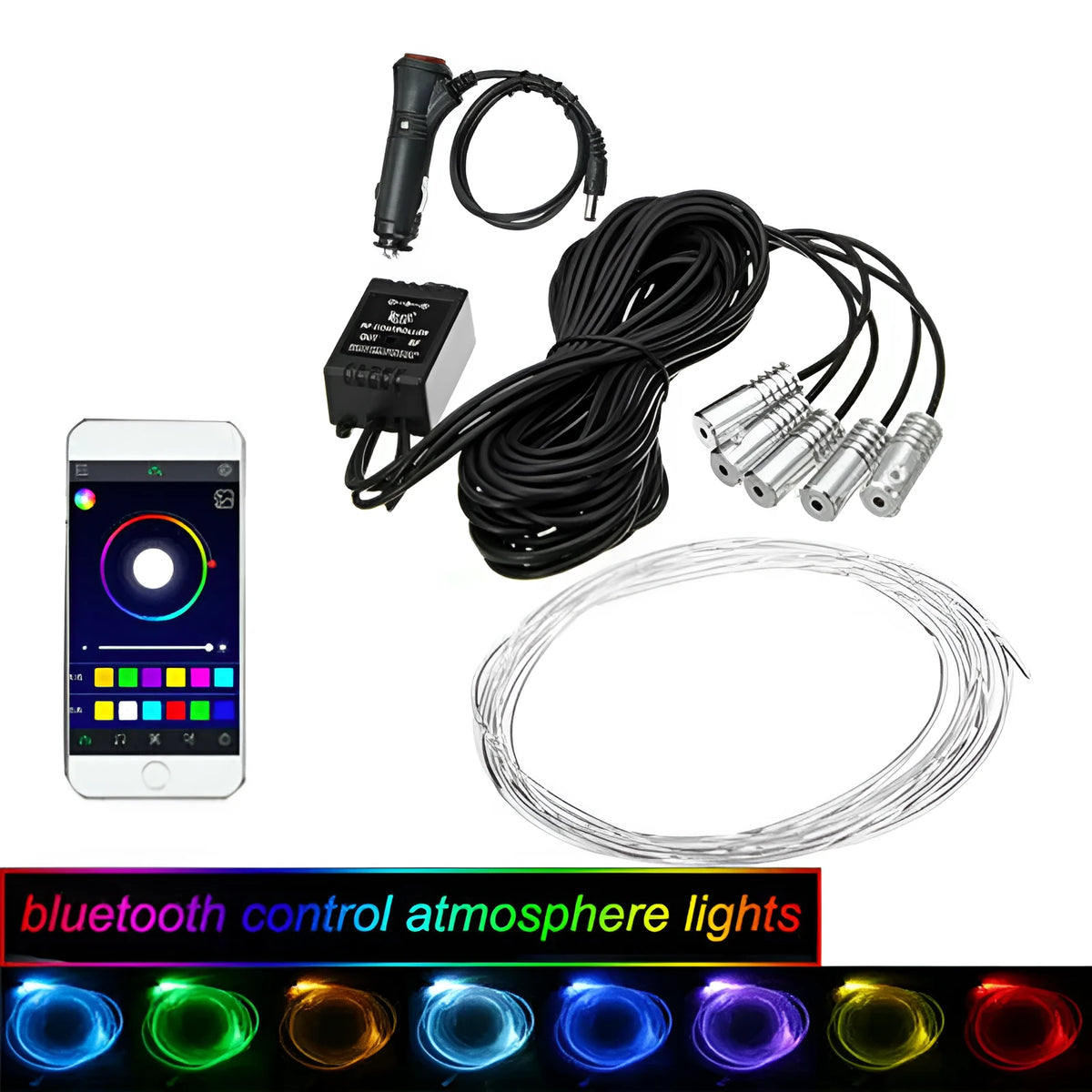 APP cold light strip car interior decoration lights with RF remote control and 6m soft rubber light pipe
