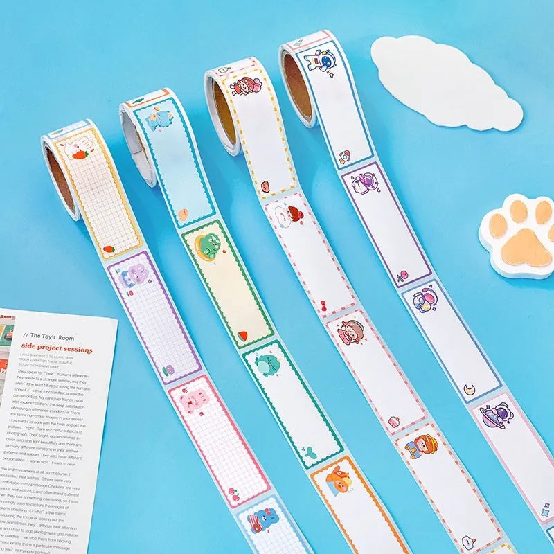 Roll of cartoon name tape stickers showing dinosaur, astronaut, rabbit, and girl design options