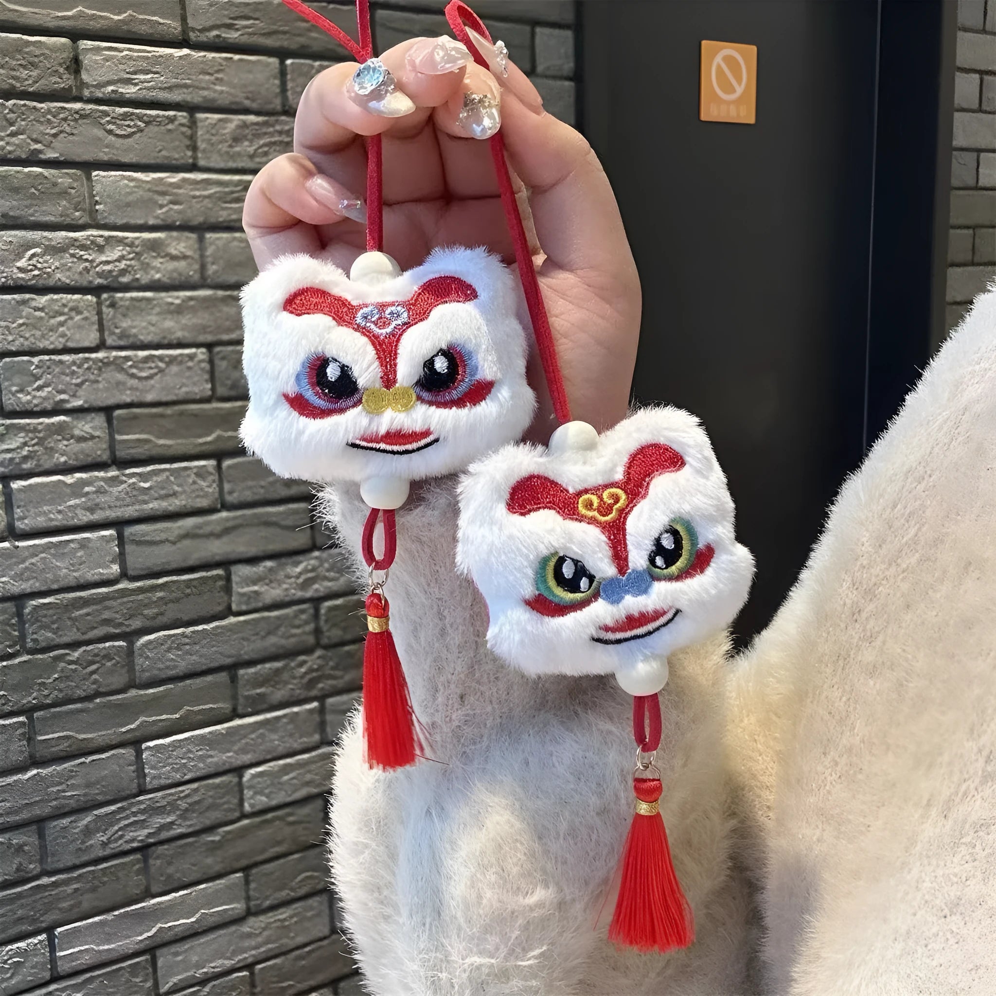 Chinese style blue plush lion keychain ornament with star stone decoration and yellow tassel