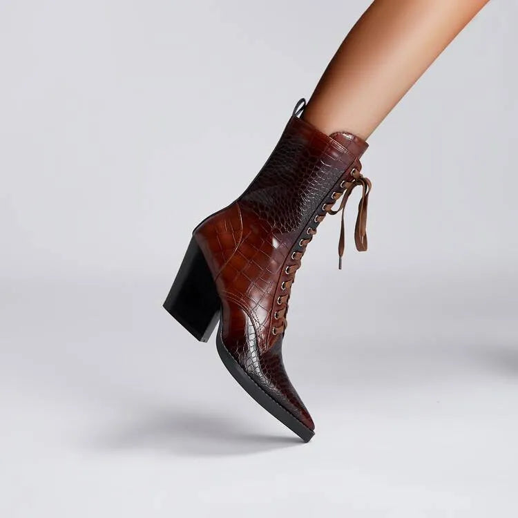 Women's dark brown retro ankle boots with stone pattern, pointed toe, lace front, and chunky heel