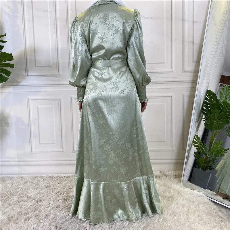 Women's green polyester satin patchwork Muslim dress with long sleeves and full coverage