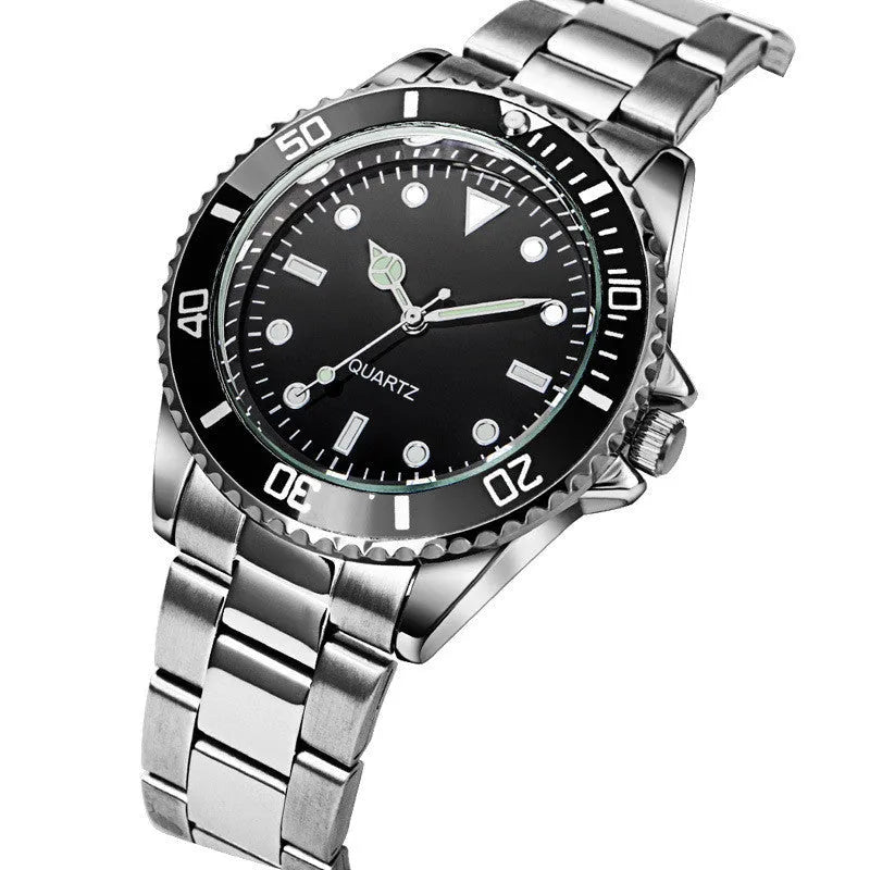 Steel belt black plate universal quartz watch with 40mm dial, 8mm alloy case, night glow hands, and stainless steel horseshoe buckle.