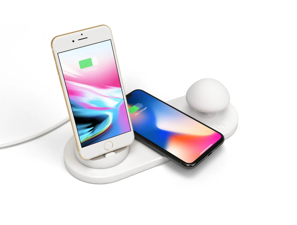 White 3 in 1 USB desktop charging dock with wireless charging pad for Apple iPhone