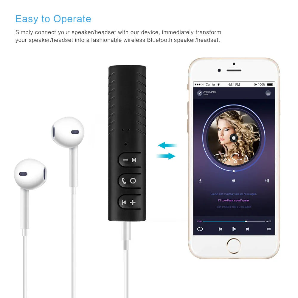 Black Bluetooth 4.1 car audio receiver with 3.5mm AUX jack for wireless music streaming